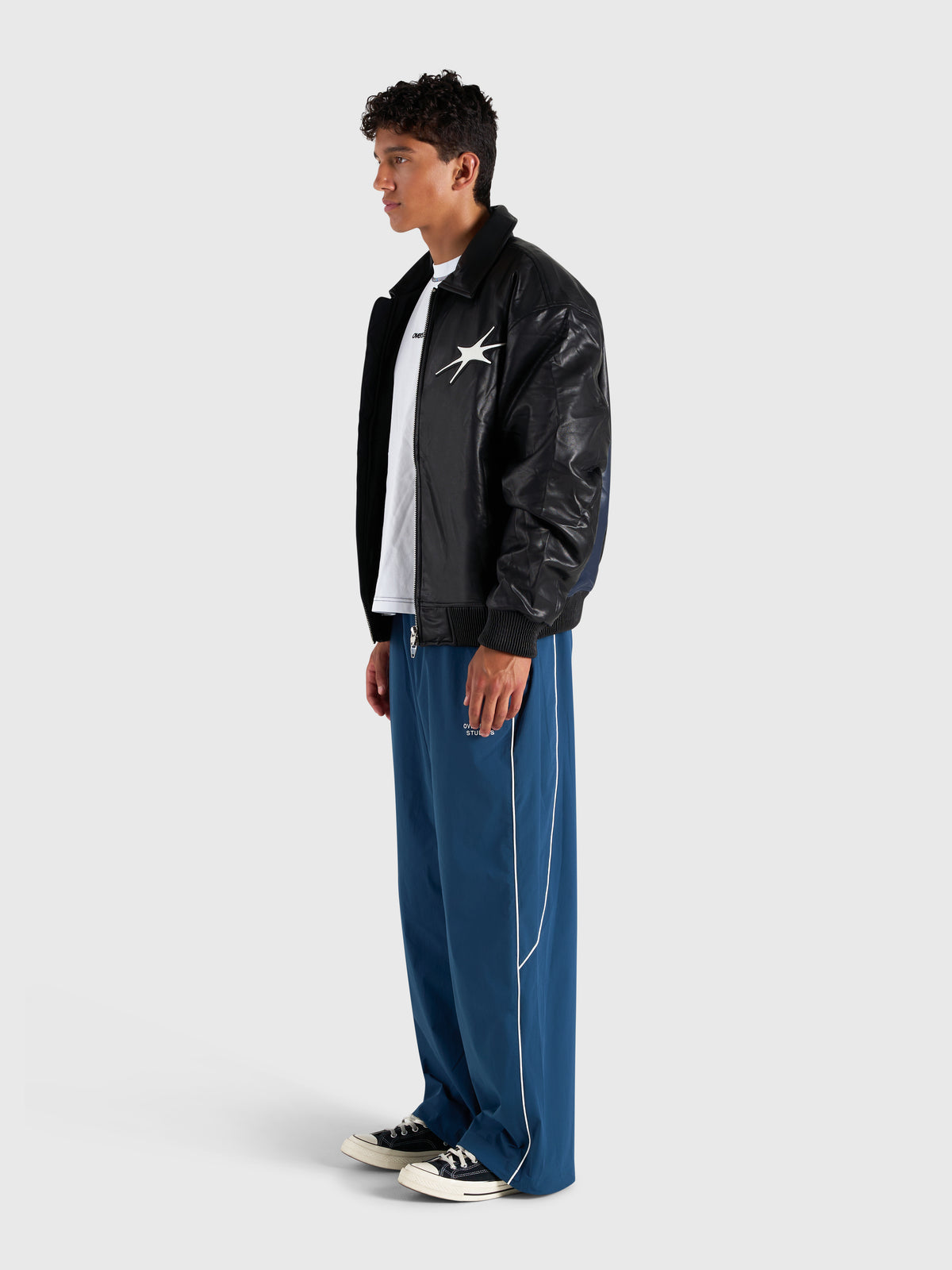 Faux Leather Bomber Jacket - Black/Navy