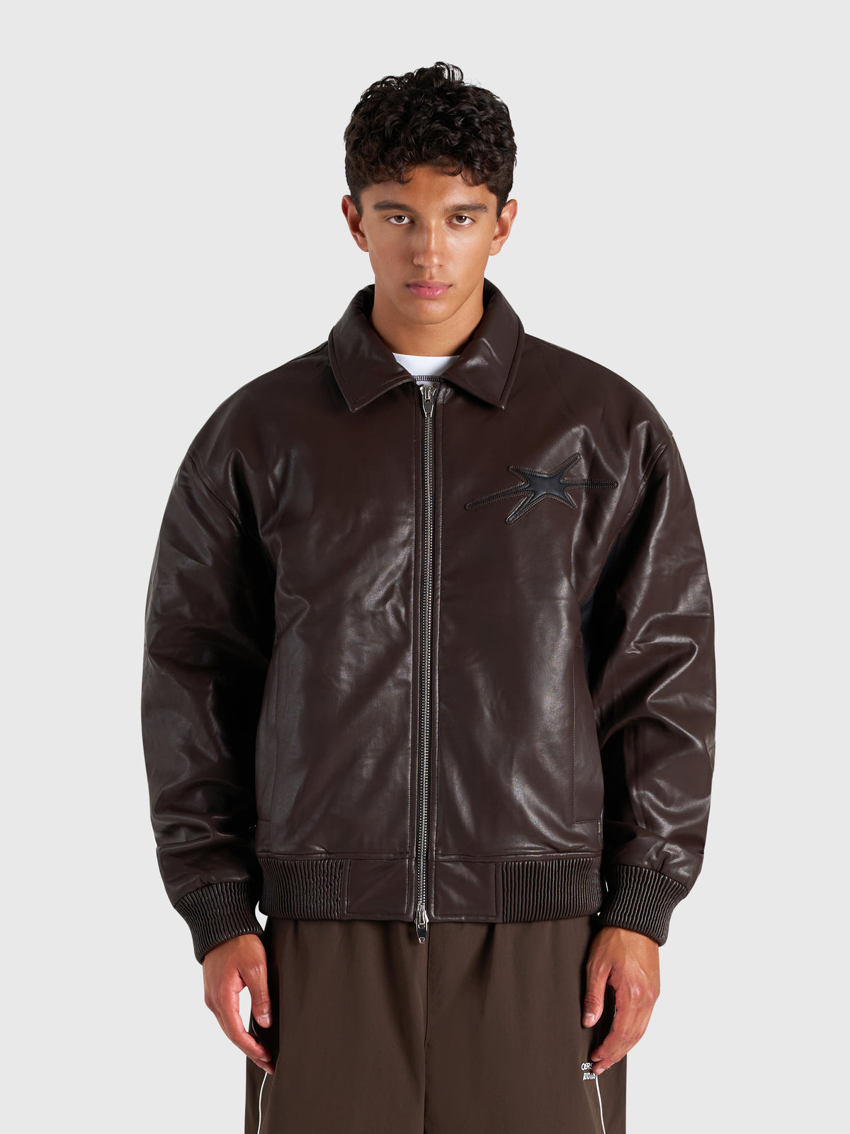 Faux Leather Bomber Jacket - Brown/Black