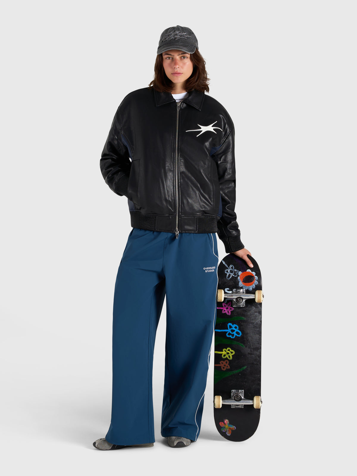 Faux Leather Bomber Jacket - Black/Navy