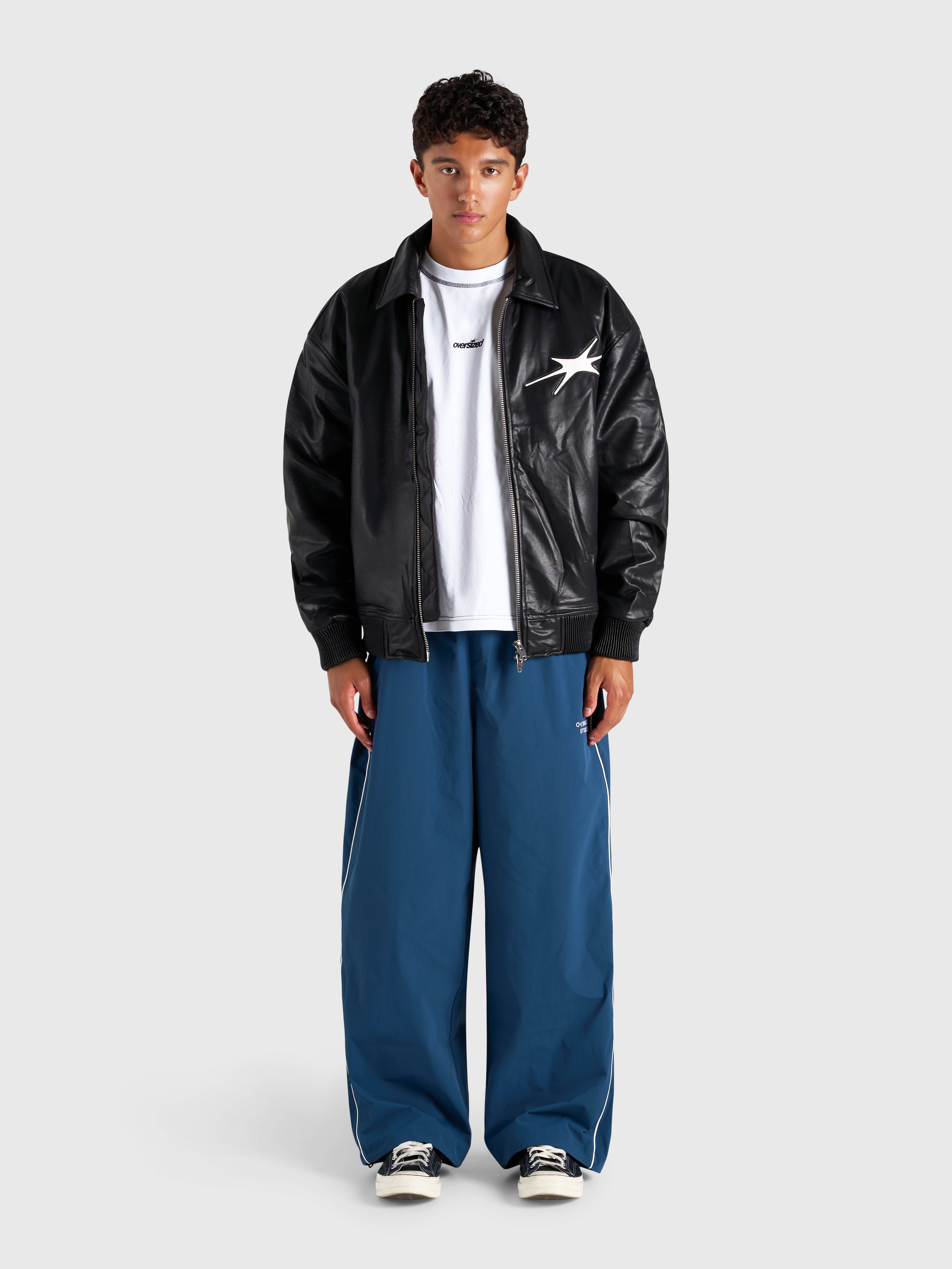 Faux Leather Bomber Jacket - Black/Navy