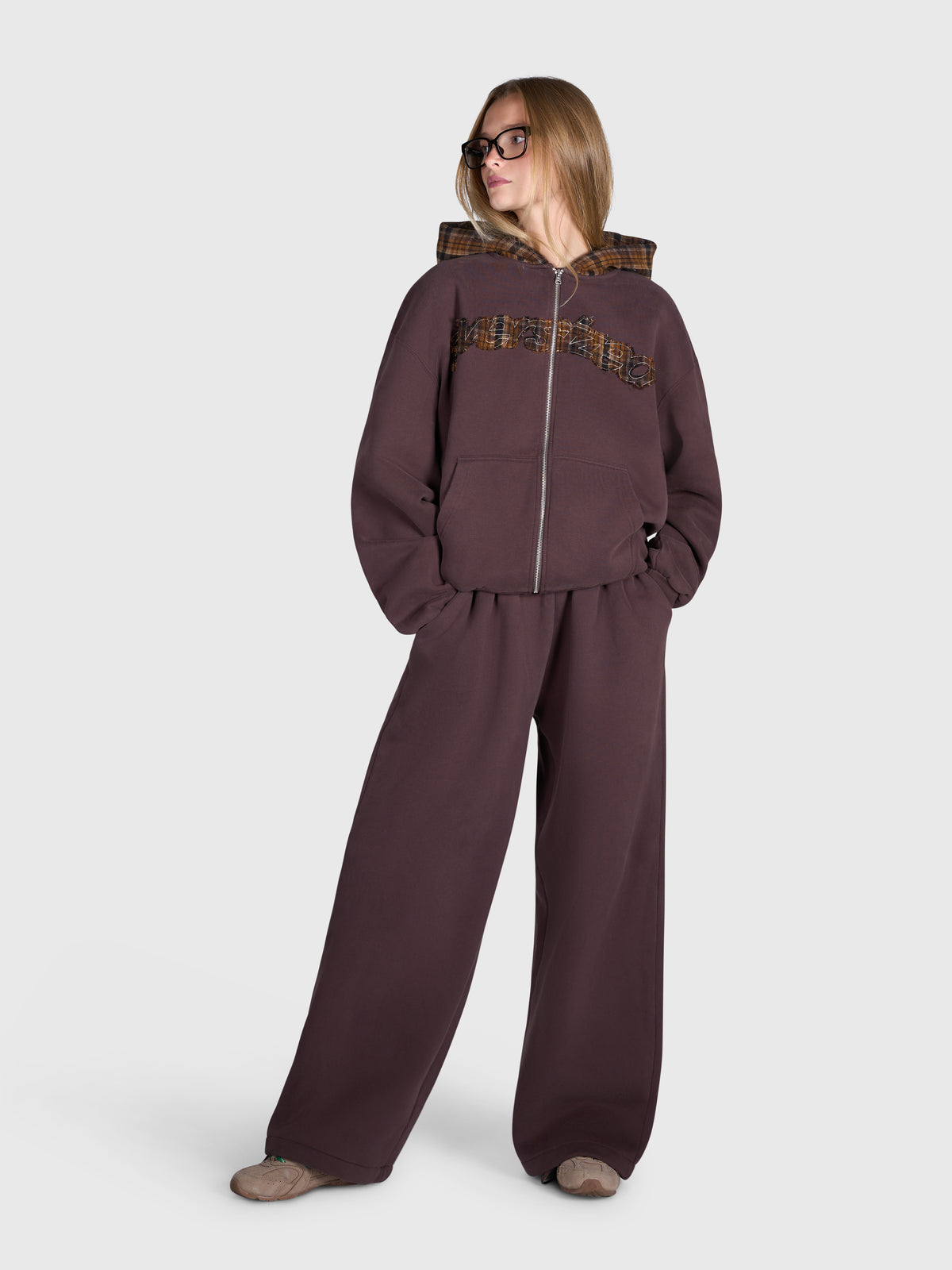 Tartan Appliqué Zip Hoodie - Brown/Brown