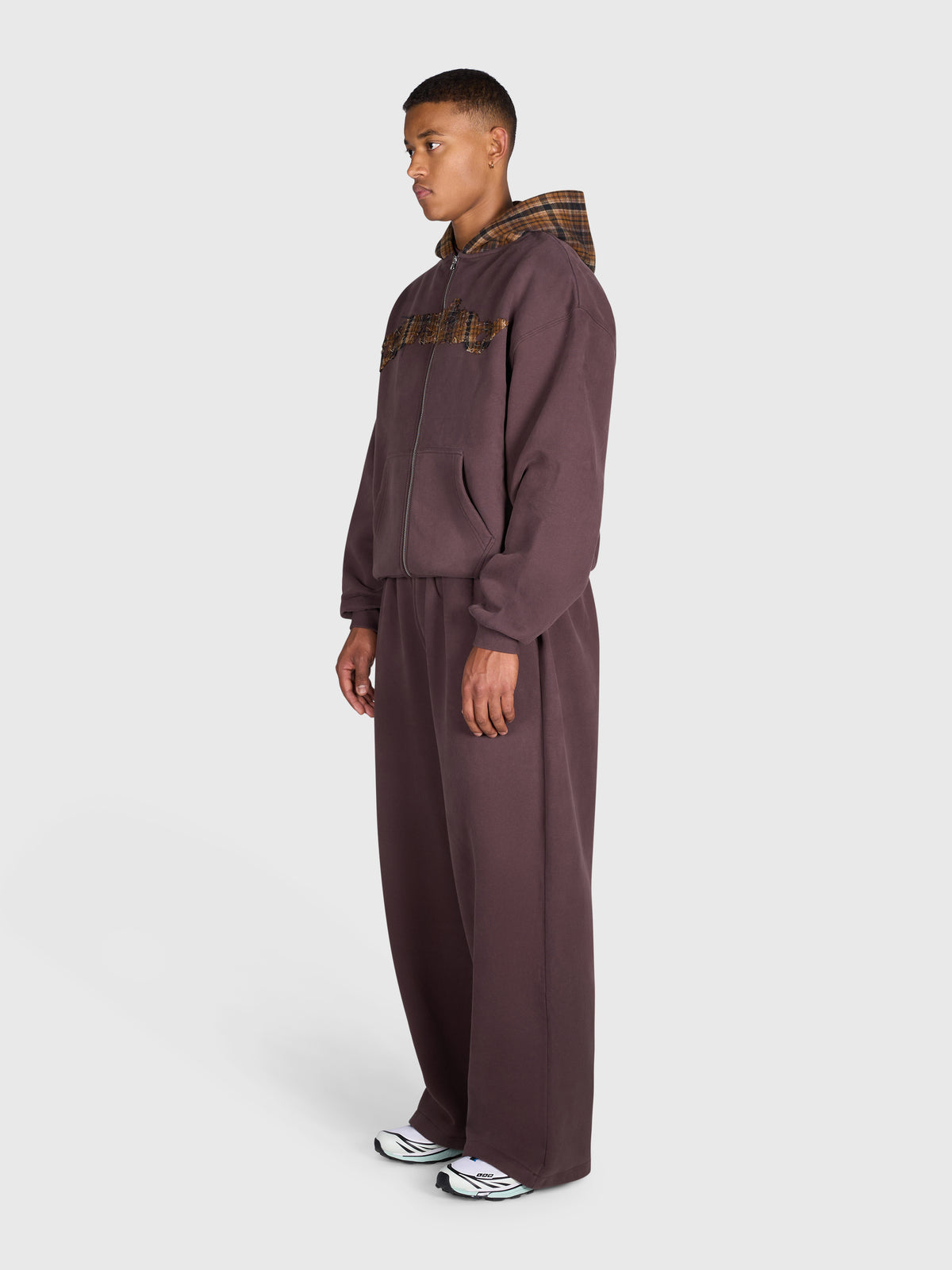 Tartan Appliqué Zip Hoodie - Brown/Brown