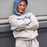 Tartan Applique Zip Hoodie - Cloudy Grey/Blue
