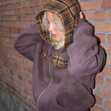 Tartan Appliqué Zip Hoodie - Brown/Brown